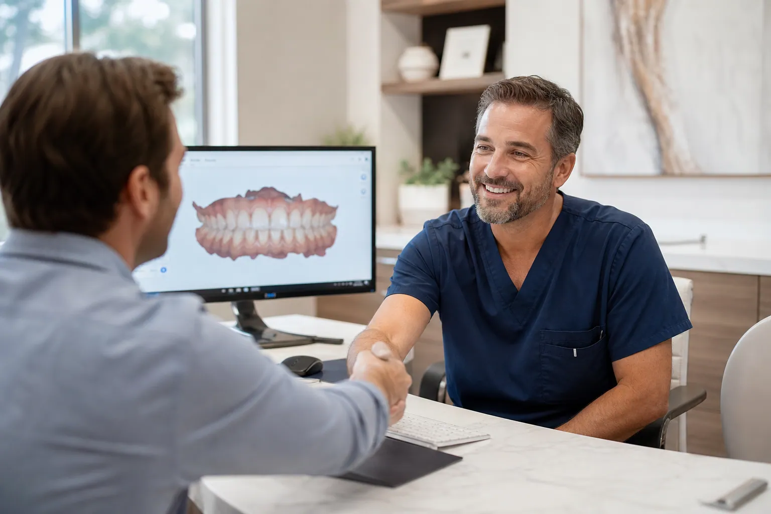 Dentist shaking hands with a patient beside a digital smile scan on a monitor