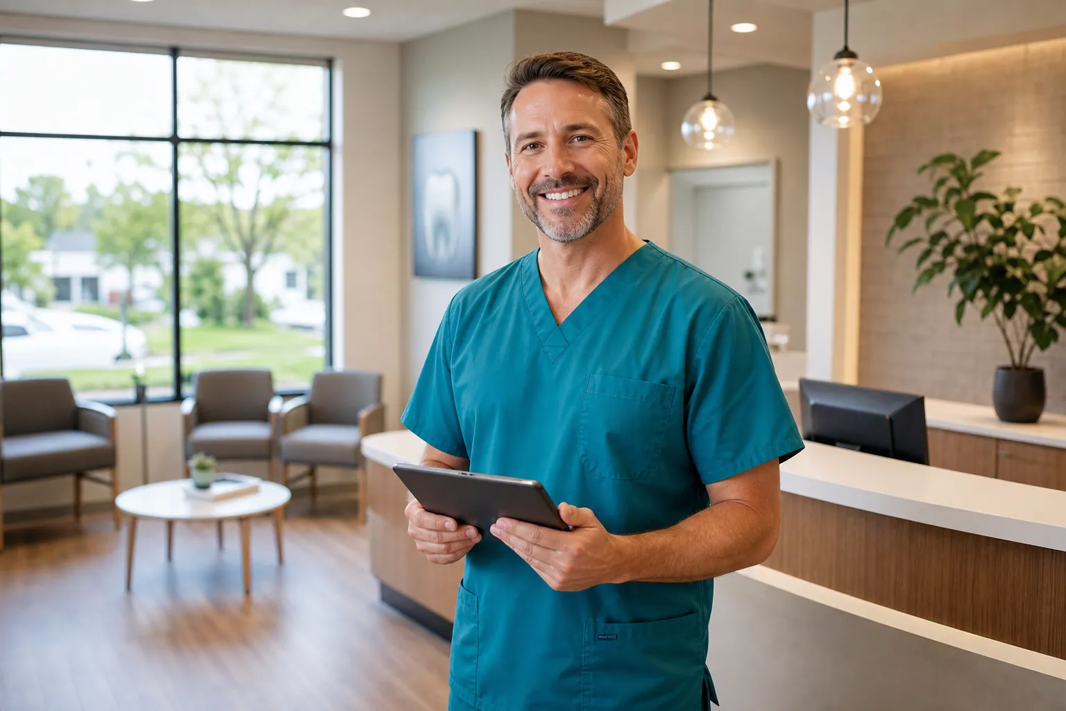 Smiling dentist in teal scrubs holding a tablet at the Acme Dental front desk